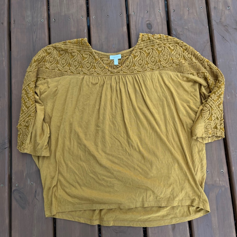 Garnet Hill Shirt Blouse Top Mustard Yellow‎ Gold Embroidery Boho Womens Size M